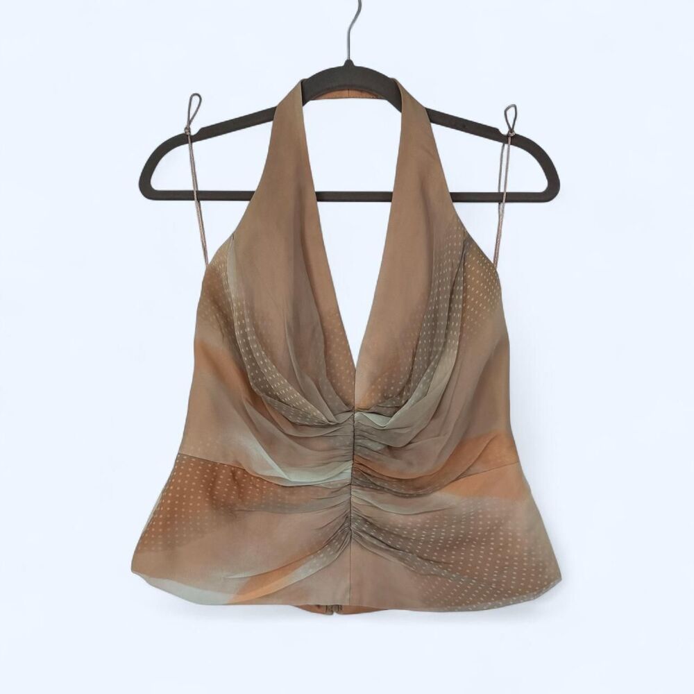 Abstract Watercolor Silk Chiffon Ruched Plunging Halter Top Blouse c. 2003